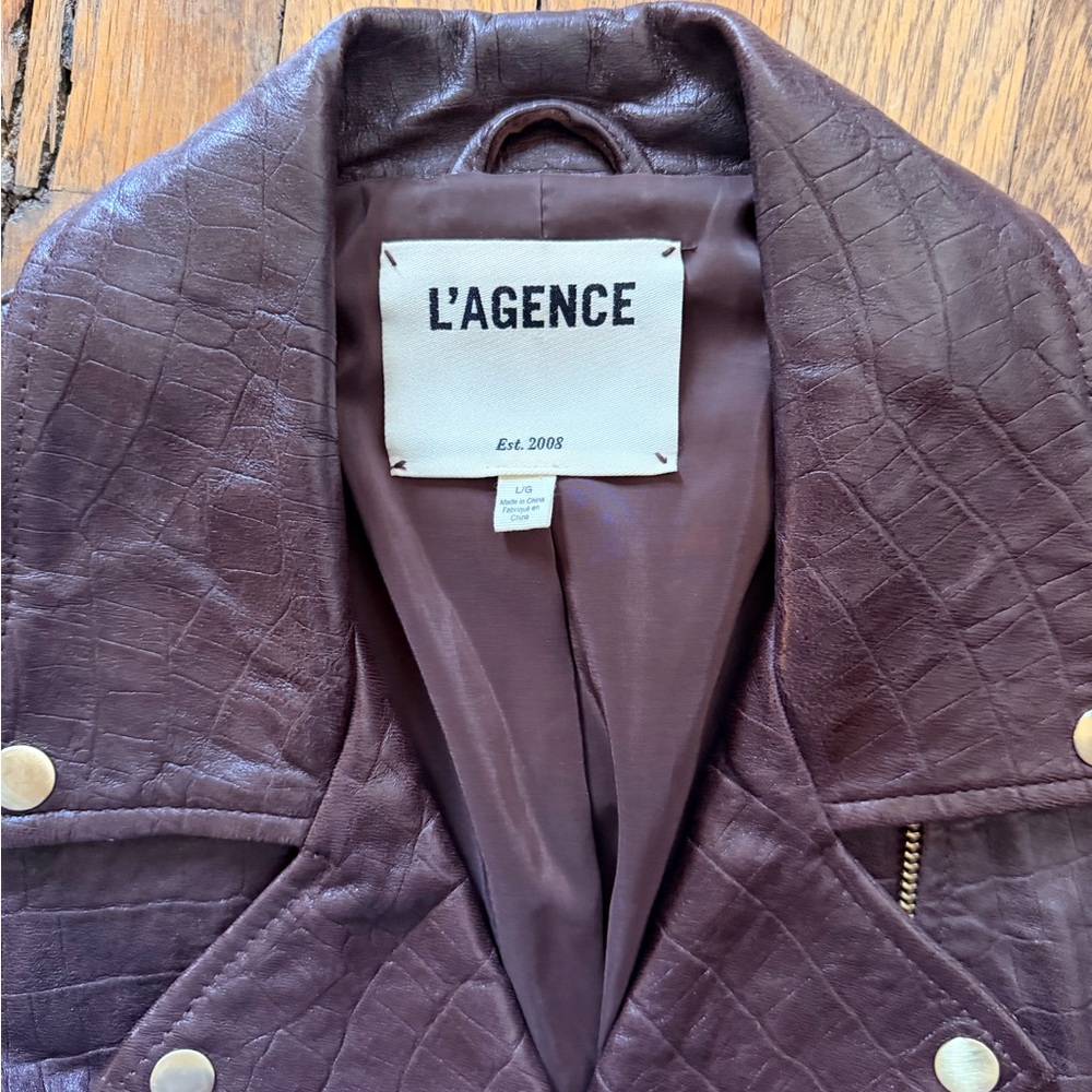 L'AGENCE Women's Dark Brown Crocodile Embossed Leather Jacket Gold Hardware Sz L